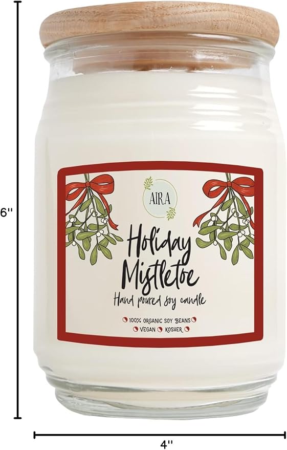 Aira Holiday Soy Candles - Organic, Kosher, Vegan, in Farmhouse Jar w/Essential Oil Blends - Hand-Poured 100% Soy Candle Wax - Paraffin Free, 150+ Hours - Holiday Mistletoe Christmas Candle -20 Ounce