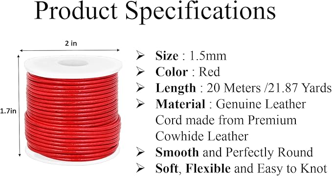 GENIQUE Real/Genuine Round Leather String Cord for Necklace, Bracelets, Jewelry, Kumihimo Braiding, DIY Projects (20 Metres) (1.5mm, Red)