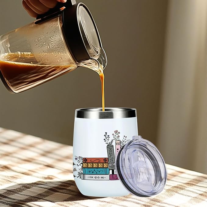 Wine Tumbler, 12 oz Coffee Mug Travel Insulated Cup Vacuum Wine Glass with Lid, Book Lovers Gifts Birthday Christmas Wedding Reading Book Accessories Bookish Librarian Gifts for Women Bride Girlfriend