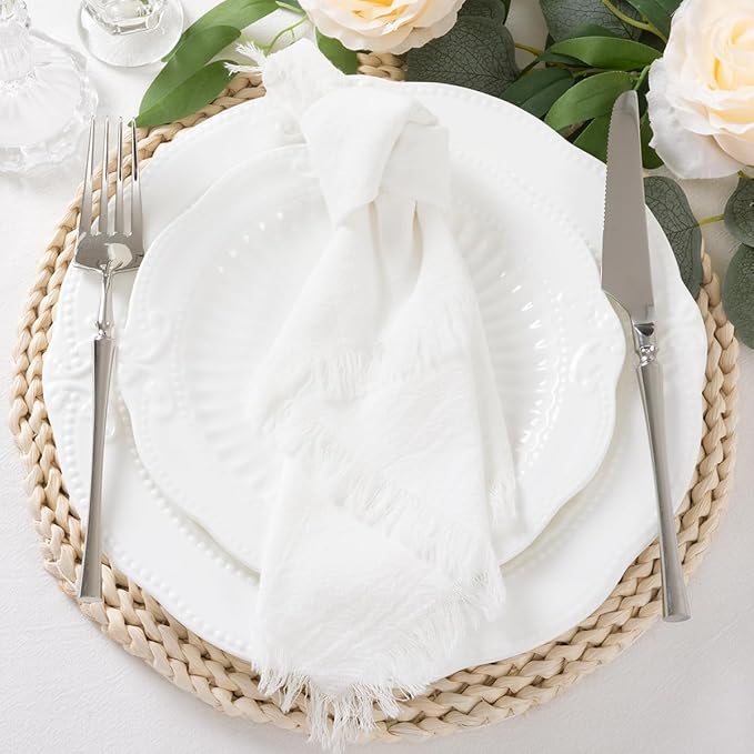 6 Pack Ivory White Cotton Linen Napkins with Fringe Christmas White Cloth Napkins Set of 6 Boho Handmade Dinner Napkins Bulk for Wedding Bridal Baby Shower Valentine's Day, 17 x 17 Inches