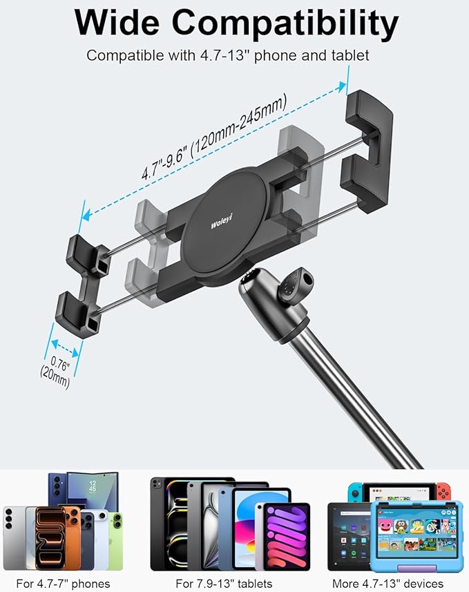 woleyi Aluminum Tablet Wall Mount Holder - 35 Inch Foldable Arm Tablet Stand for Wall, 360° Adjustable Webcam Camera Clip, for iPad Pro Air Mini, Galaxy Tabs, Z Fold, Fire HD, iPhone, 4.7-13" Devices