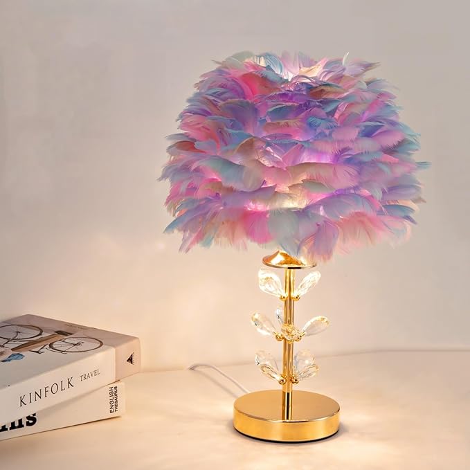 Colorful Feather Lamp Romantic Bedside Nightstand Lamp Creative FfluffyTable Lamp Modern Furry Desk Light for Princess Girls Bedroom Living Room Wedding Christmas Gift Deco Entry Office