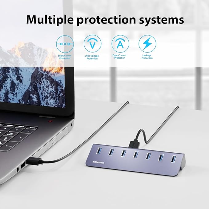 Achoro 7 Ports Powered USB HUB – 2nd Generation 10GB Super Speed External Ports – USB 3.2 Aluminium USB for Computer, Mac, PCs, Smartphone & Tablets – Computer Multiple USB A & C Hub
