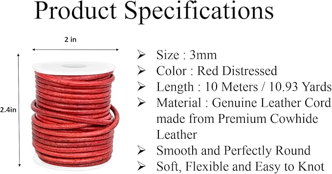 GENIQUE Real/Genuine Round Leather String Cord for Necklace, Bracelets, Jewellery, Braiding (3mm, Red Distressed)