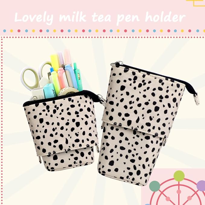 Cute Standing Pencil Case Pen Holder for Kids, Pop Up Stand UP Bubble Tea Pen Organizer Kawaii Stationary for Christmas Holiday New Year Office (Beige Leopard)