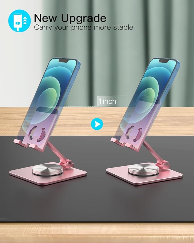 Cell Phone & Tablet Stand for Desk, Aluminum Adjustable Holder for iPhone, iPad & Smartphones || Foldable Mount with 360° Swivel, Stable Base & Portable Design for 4–9.7in Devices, Pink