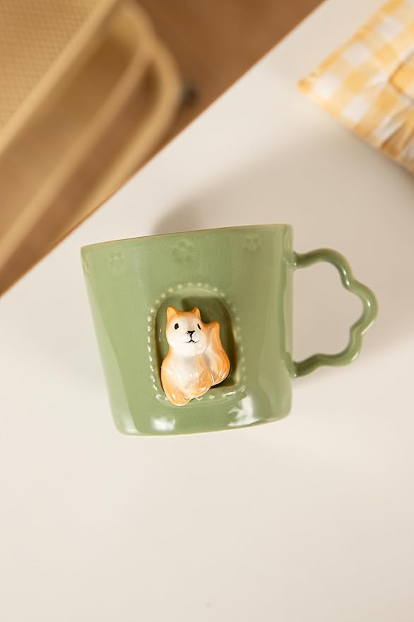 DIHOclub Squirrel Ceramic Cup Window Animals Mug Cute Cartoon Handmade Figurine Mugs,Holiday and Birthday Gift for Daughter,Son,Kids,9 OZ (Green)