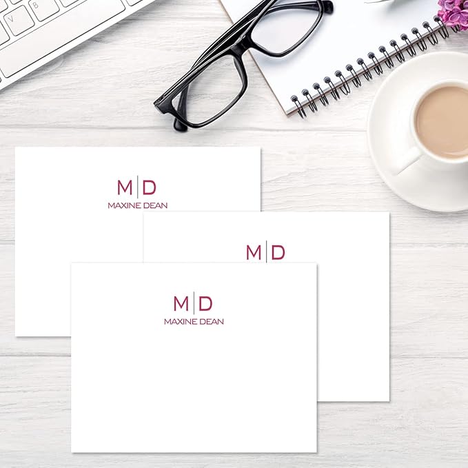 Thin Line Monogram Personalized Note Cards (4 Color Choices) - 24 Cards with White Envelopes, 4¼ x 5½ Inch Size, Blank Inside, Add a Name and Initial, For Thank You Notes, or Graduation Gifts