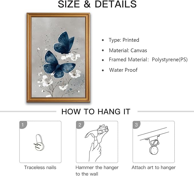 okudolit Gold Framed Navy Blue Butterfly Canvas Wall Art Print White Flower Botanical Painting Neutral Insect Gray Modern Moth Artwork Wall Decor for Living Room Bedroom Bathroom 12x16in