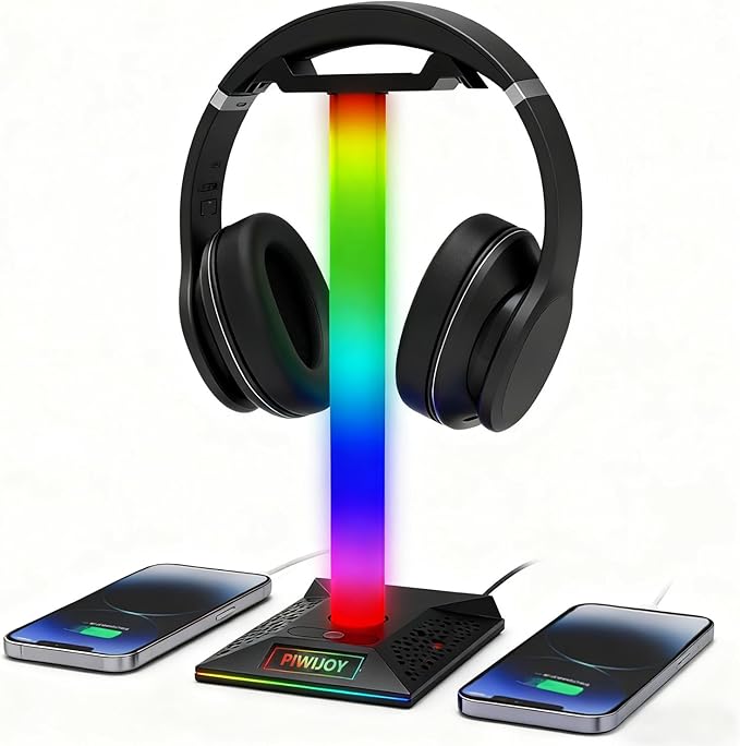 RGB Gaming Headset Stand with USB Hub - 2 USB Ports & 1 Type-C Port, 10 Lighting Modes, Universal Holder for All Headphones