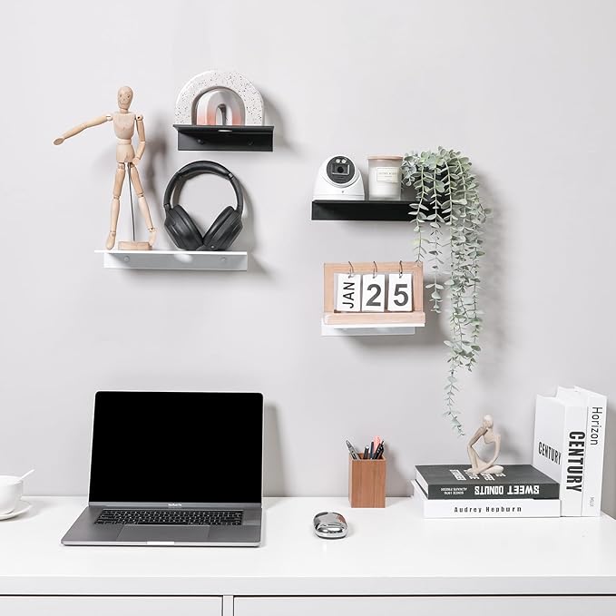 Small Metal Shelves for Wall, Self-Adhesive Floating Corner Shelves with Cable Clip, Wall Mounted, Renter Friendly Display Shelf for Smart Speaker Cameras Monitor Routers, Matt Black, Metal, 8 inch