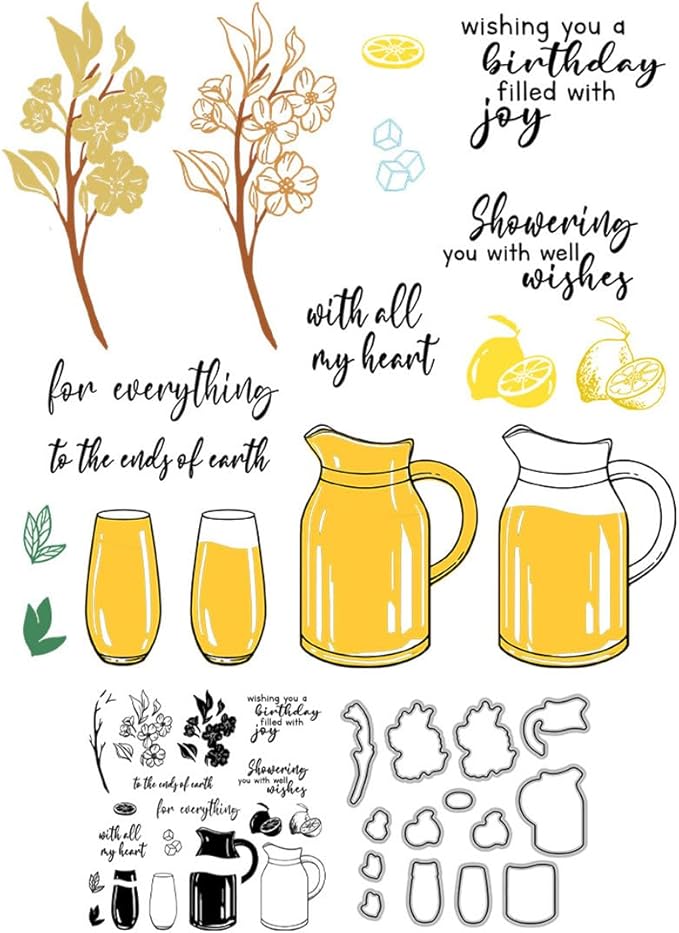 Kettle Cup Lemon Stamps and Cutting Dies for Card Making DIY Transparent Silicone Clear Stamp and Metal Die Cuts Sets for Scrapbooking Paper Greeting Cards Decor Seals Craft Supplies