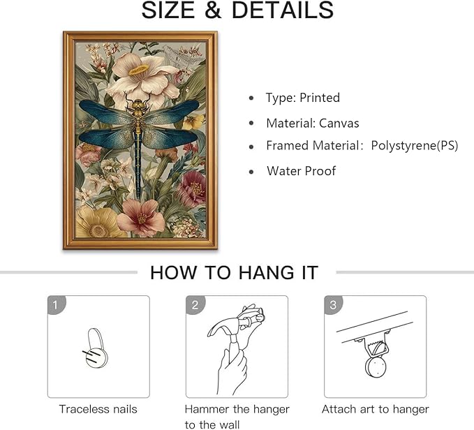 okudolit Gold Framed Dragonfly Canvas Wall Art Print Blue Insect Botanical Floral Painting Vintage Flower Picture Artwork Rustic Retro Nature Decor for Living Room Bedroom Office Home Decor 12x16in