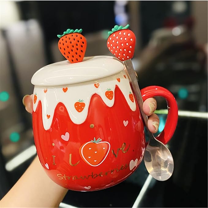 Coffee Mug Cups Ceramic Tea Cup Fruits Strawberry Shaped Handmade Cute Mugs With Lid Spoon Handle Office Home Hot Ice Chocolate Milk Mugs Gift Microwave Dishwasher Safe Travel Mugs (Strawberry)