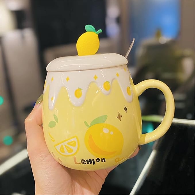 Coffee Mug Cups Ceramic Tea Cup Fruits Lemon Shaped Handmade Cute Mugs With Lid Spoon Handle Office Home Hot Ice Chocolate Milk Mugs Gifts Microwave Dishwasher Safe Travel Mugs (Yellow)
