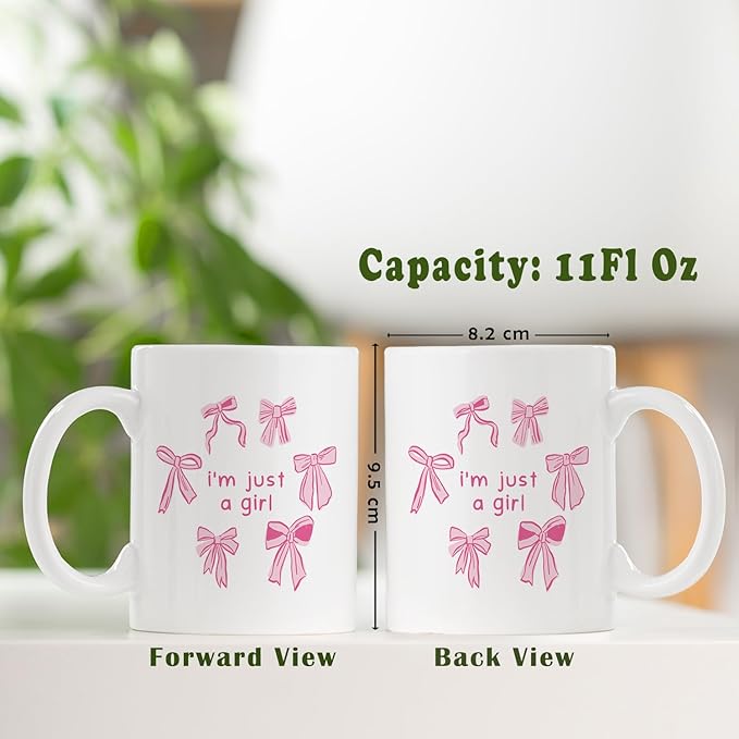 Cute Pink Bow Coffee Mug, I Am Just A Girl Ceramic Coffee Mugs, Coquette Cute Girly Mugs Gifts for Women Girls, 11oz Ceramic Cup White