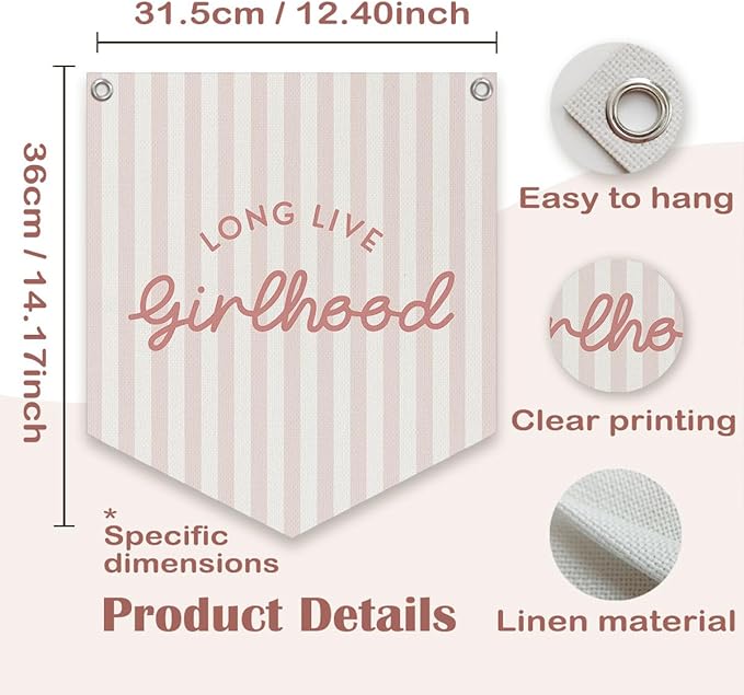 Lacama Girls Room Decor, Long Live Girlhood Linen Banner Hanging Flag Retro Pink Banner for Nursery Playroom Wall Decor for Kids Bedroom Dorm Toddler Decorations Trendy Room Decor 12.4x14 in