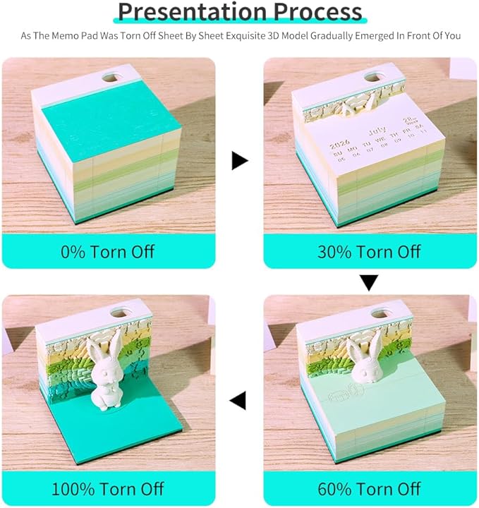 3D Time Piece Calendar 2026 3D Tear Away Art Memo Pad Notepad Desk Calendar with Light,3D Art Calendar Desktop Decoration Gift for Christmas (Auspicious Rabbit)