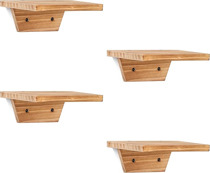 PHOENANCEE Small Floating Shelves,Speaker Shelf,Trapezoid Wall Shelf for Table Lamp Plants Display,Decorative Wood Ledges Chic for Living Room,Bedroom,Kitchen,Pine,8x6 Inch,4 Pack(Carbonized Brown