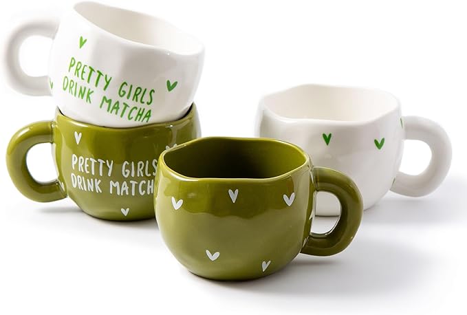 4pcs Cute Ceramic Coffee Mug, 9.4OZ White Green Porcelain Tea Mugs, Ceramic Cup Sets for Matcha Lovers, Dishwasher & Microwave Safe, Christmas Gift(Matcha)