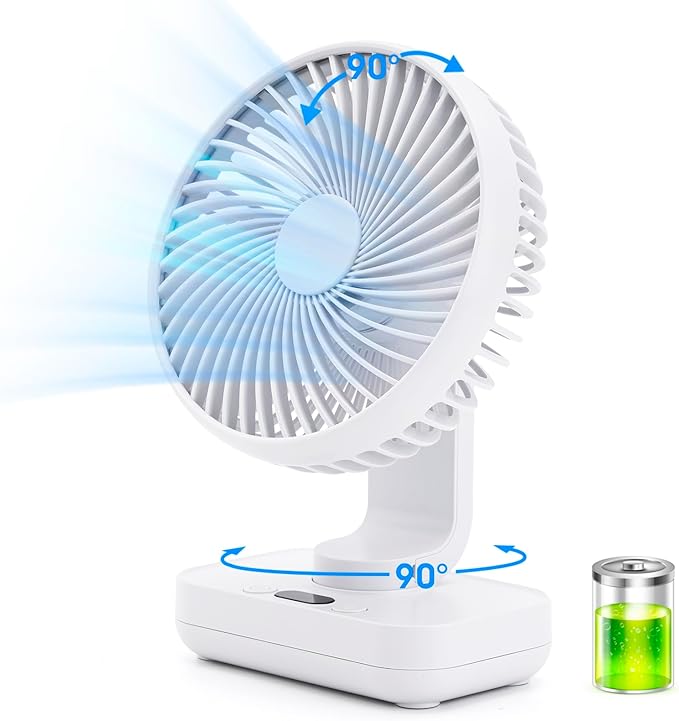 Oscillating Table Fan Small Oscillating Fan for Bedroom/Indoor/Outdoor Ultra Quiet Mini Desk Fan Auto 90° Rotated 4 Speeds 5in Wall Mounted Cordless Portable Rechargeable (White)
