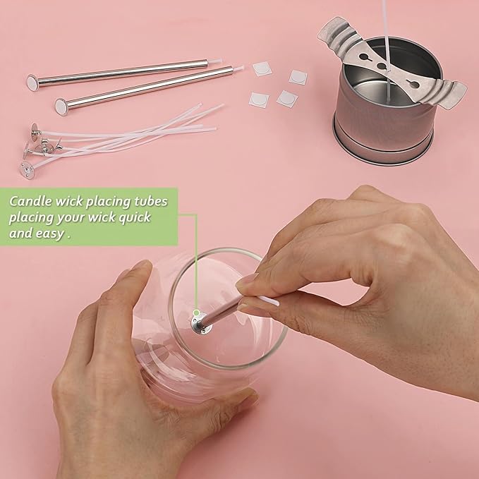 200pcs Natural Candle Wick kit,100pcs Wick Stickers with 5pcs Wick Holders and 2pcs Wick Placing Tube,for Soy Wax, Beeswax, Coconut Wax - DIY Candle Making Supplies for Beginners & Professionals