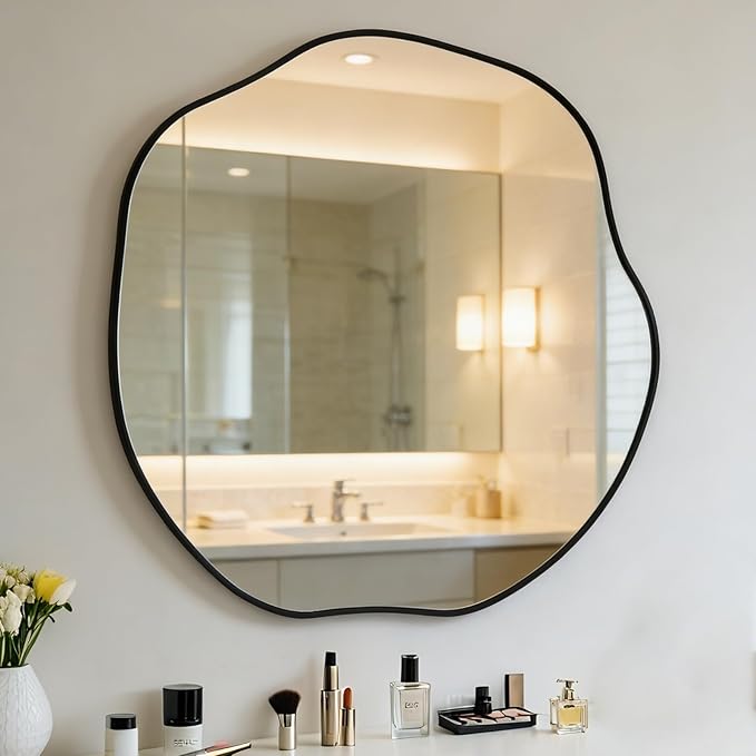 POZINO Irregular Mirror, 30" Large Asymmetrical Wall Mirrors, Scalloped Rounded Mirror, Modern Frameless Abstract Mirrors for Living Room Bedroom Bathroom Entryway Hallway Fireplace
