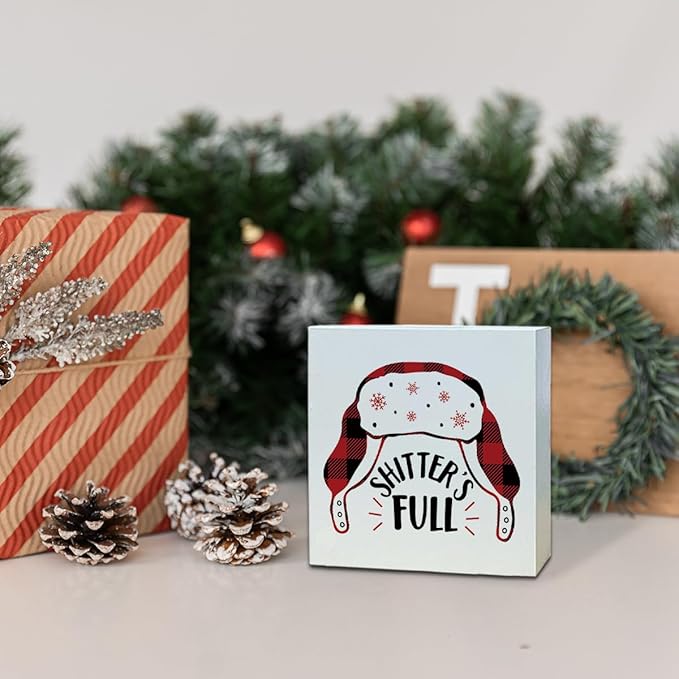 Christmas Decoration Funny Christmas Hanging Sign, Funny Bathroom Wood Box Sign Home Decor, Winter Xmas Home Decorative Plaque for Living Room Bedroom Office 5 x 5 Inches