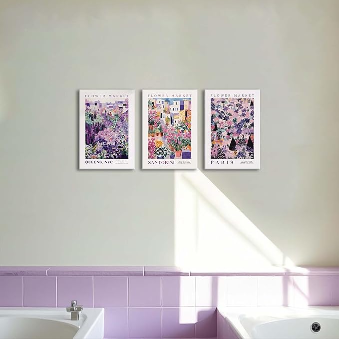 XLARTMY Flower Market Wall Art Prints Canvas Purple and Pink Floral Paintings Colorful Botanical Travel Flower Posters for Home Decor Pictures Set of 3 for Living Room Bedroom 16x24in
