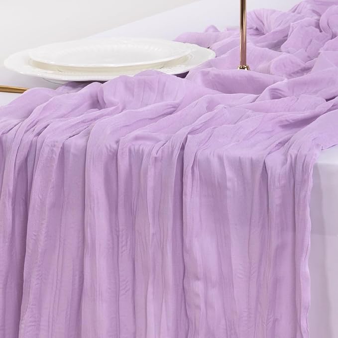 Socomi 10pcs Lilac Purple Lavender Cheesecloth Table Runner Boho Rustic Gauze 120 inch 10FT Cheese Cloth Runner for Wedding Party Baby Shower Birthday Home Decor Holiday Decorations