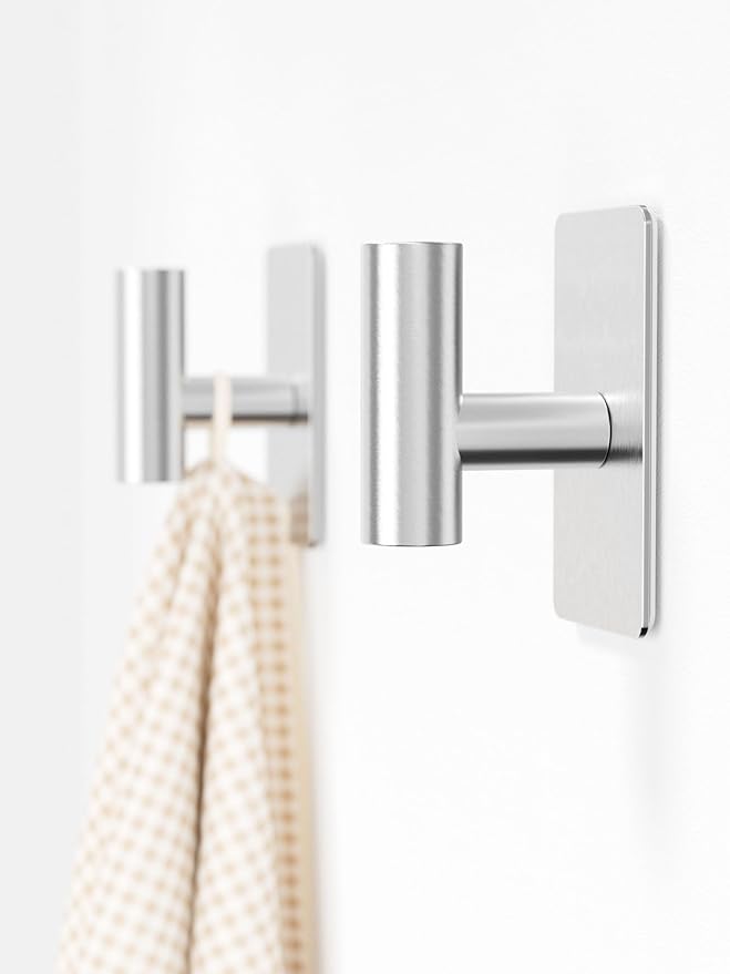 Towel Hooks for Bathrooms – 2 Pack, Brushed Silver Finish, T-Shaped Stainless Steel Adhesive Wall Hooks for Robes & Towels in Kitchen, Shower, or Closet