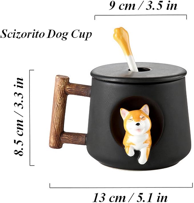 Cute Dog Couple Cup, Ceramic Coffee Mug with a Lid, Paws on the Top of the Spoon, Cute Shiba Lnu Three-dimensional Design, with Matte Texture,(420ML White Tail)