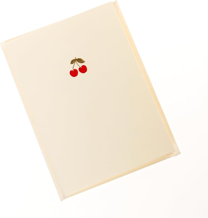 Graphique Cherries Cards, Pack of 10 Cards with Envelopes, All Occasion Greetings, Blank Inside, Gold Foil Embossing, La Petite Press Collection Boxed Set, 3.25" x 4.75"