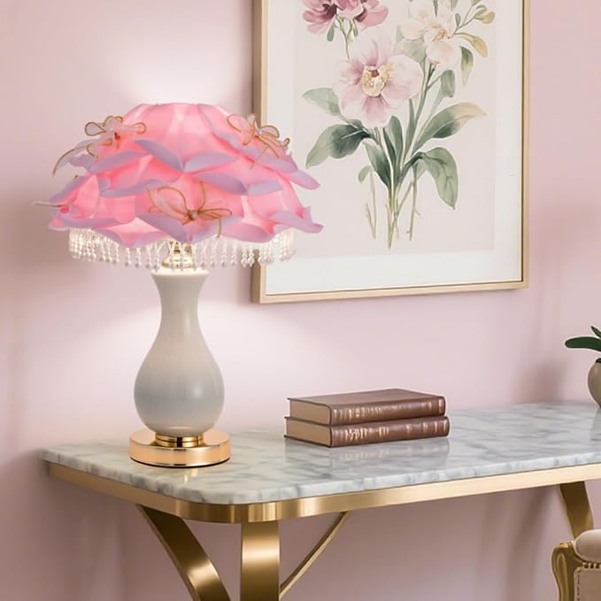 Pink Flower Lamp Nordic Rose Flower Table Lamp Modern Ceramic Nightstand Light Romantic Princess Bedside Lamp for Girl Wedding Valentines Christmas Gift Deco Bedroom Living Room Entry