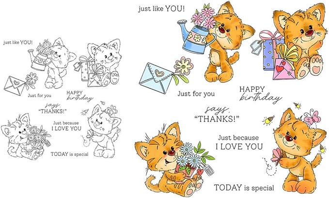 Orange Cat Flower Gift Stamps and Cutting Dies for Card Making DIY Transparent Silicone Clear Stamp and Metal Die Cuts Sets for Scrapbooking Paper Greeting Cards Decor Seals Craft Supplies