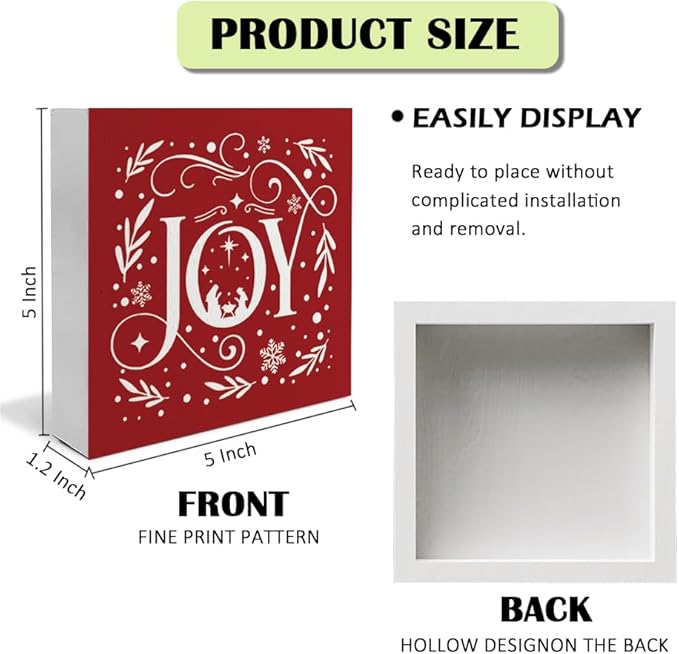 Joy Christian Christmas Wooden Box Sign, Farmhouse Red Christmas Snowflake Xmas Wood Sign for Home Office Table Shelf Decor, 5x5 Inch