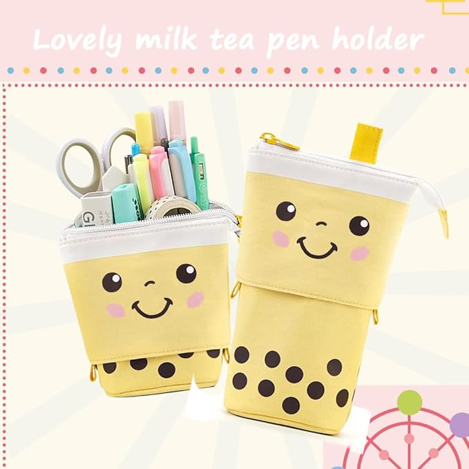 Cute Standing Pencil Case Pen Holder for Kids, Pop Up Stand UP Bubble Tea Pen Organizer Kawaii Stationary for Christmas Holiday New Year Office (Yellow)