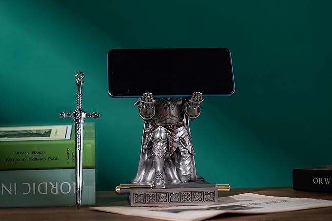King's Guard Leader Cloak Warrior Knight Pen Holder Mobile Phone Stand, Ornament Knight Statue, Pen Stand Paperweight for Office and Home (Silver)