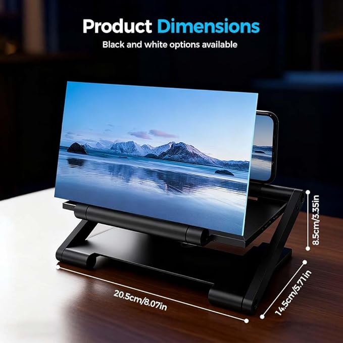 Mobile Phone Magnifier Screen, 3D HD Magnifying Projector Screen Enlarger, Foldable Phone Stand with Screen Amplifier for Movies Videos Gaming, Compatible with All Smartphones (White Liftable, 8inch)