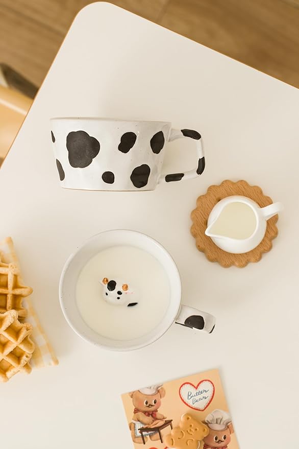 DIHOclub Farmhouse Ceramic Coffee Mug with Animal Figurine – Rustic Stoneware Cup, Matte Finish, Ideal for Breakfast & Home Decor (Black White Cow)