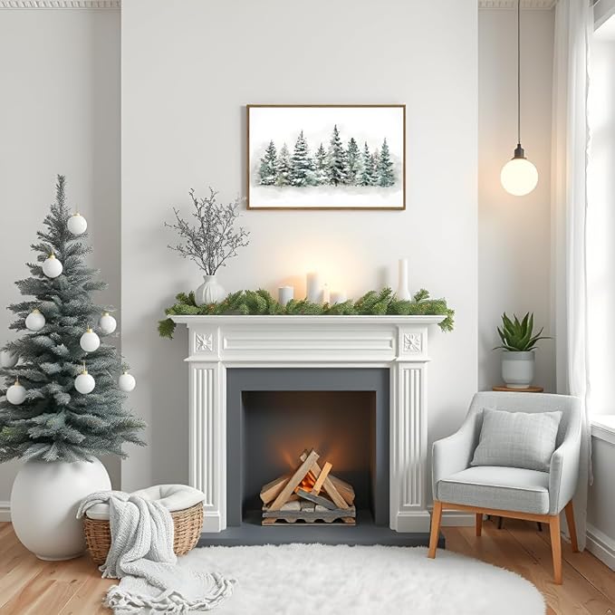 VIYYIEA Framed Canvas Wall Art, Large Vintage Christmas Picture Decor Indoor, 16x24in, Rustic Winter Pine Forest Painting Artwork For Living Dining Room Hallway Fireplace, Holiday Decorations