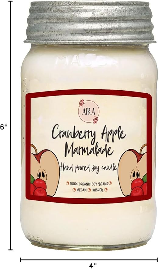 Aira Soy Candles - Organic, Kosher, Vegan, in Mason Jar w/Therapeutic Grade Essential Oil Blends - Hand-Poured 100% Soy Candle Wax - Paraffin Free, Burns 110+ Hours - Cranberry Apple - 16 Ounces