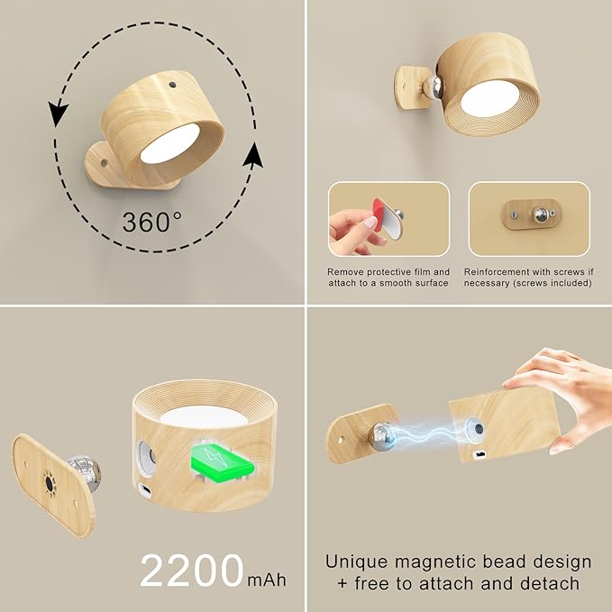 Romote LED Wall Sconce - Rechargeable Wall Light, 3 Colors & 3 Brightness Levels, 360° Magnetic Rotating Head, Bedside Reading Lamp, Easy Install Battery Operated Lamp Wood Pack of 3