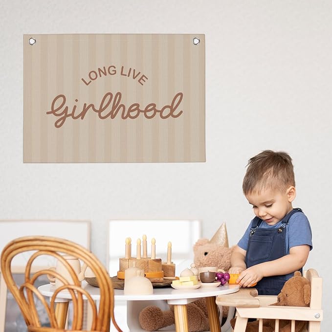 Long Live Girlhood Linen Banner Hanging Flag Girls Room Playroom Wall Decor for Nursery Playroom Kids Bedroom Dorm Toddler Decorations Princess Trendy Room Decor 22x28 Inch