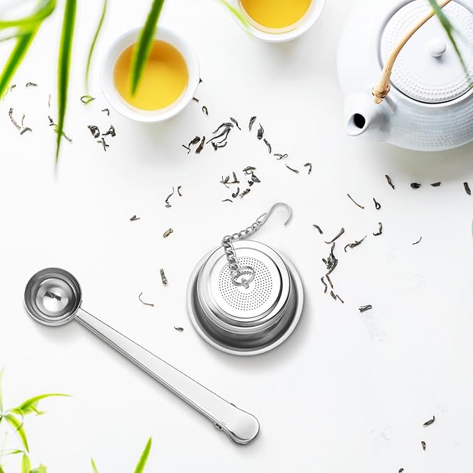 Umigy 4 Pcs Tea Infuser Strainers for Loose Tea with Scoop, Extra Fine Mesh Steeper 304 Stainless Steel Diffuser Leaf Holder with Extended Chain Hook for Brew, Spices, Seasoning