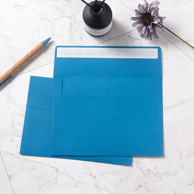 Wishop 50 Pack Blue Self-Adhesive Envelopes with Fold Cards 5 Colors for Wedding Invitations and Greeting Cards (Blue 5 Colors, 5x7)