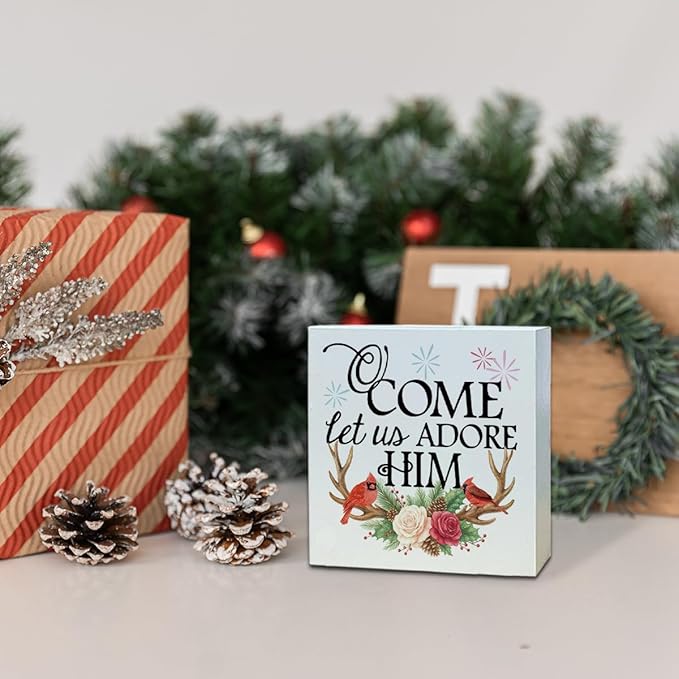 Christmas Wooden Desk Decor, Come Let Us Adore Him Wooden Box Sign, Cardinal Birds and Floral Antler Design, Christmas Home Plaque for Living Room Bedroom Decor 5x5 Inches
