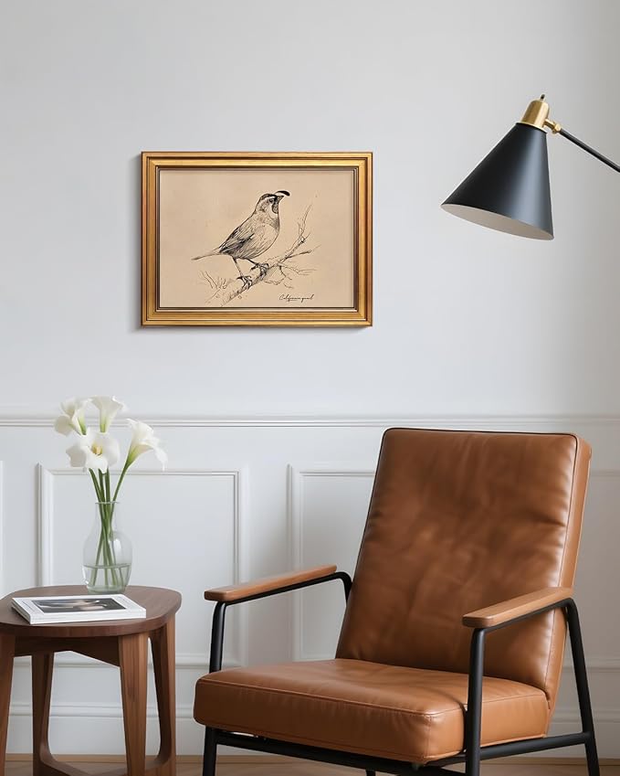 Bzstyleart Vintage Wall Art Decor for Living Room,California State Bird Vintage Gold Framed Wall Art,Sketch Painting Picture,Room Decor Aesthetic,Canvas Prints for Apartment Decor Office,12L x 16W