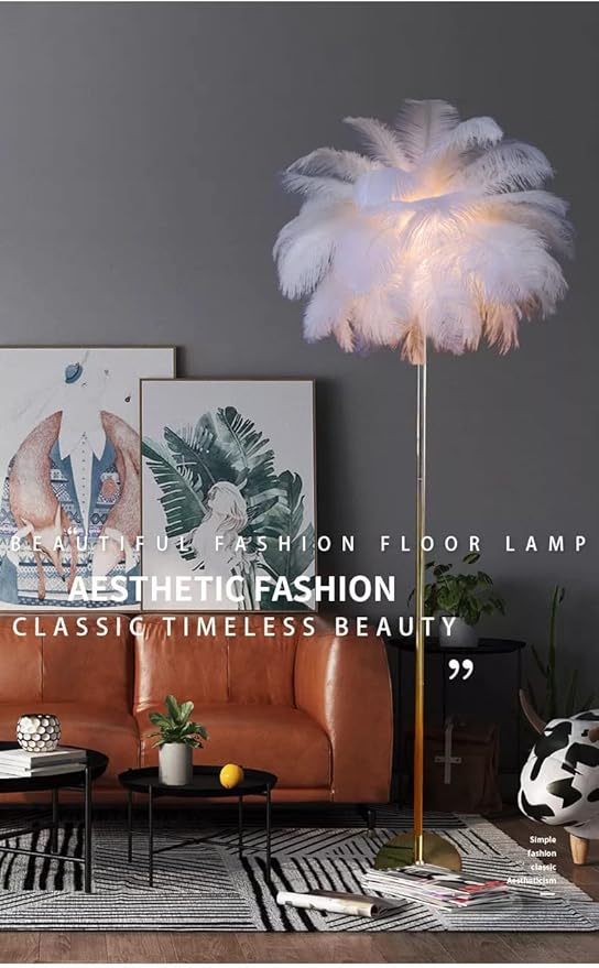 Chic White Feather Floor Lamp Nordic Ostrich Feather Lamp Girl Furry Floor Lamp Standing Floor Lights Modern Princess Bedroom Bedside Reading Light for Living Room Sofa Hotel Bedroom