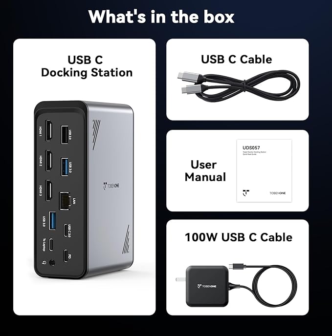TobenONE 18 in 1 USB C Docking Station 3 Monitors 4K@60Hz, Laptop Docking Station with 100W Power Adapter, Triple Monitors with 3 HDMI, 9 USB Ports, Gigabit Ethernet, for Windows and Chrome OS